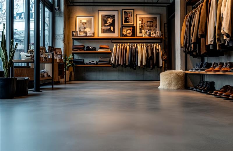 Clothing store floor with Efectto PU microcement, resistant to high foot traffic and long-lasting