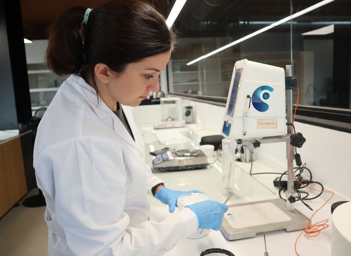 Researcher at the Topciment® laboratory carrying out a viscosity test as part of R&D processes supported by artificial intelligence.