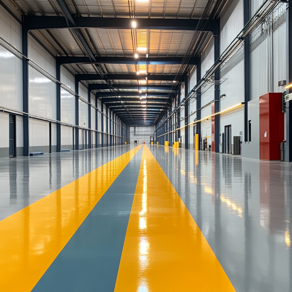 View of a Warehouse with industrial flooring with glossy finish and yellow and gray stripes.