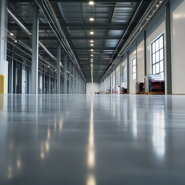 View of a Modern warehouse with flooring made of industrial flooring, with metal structures and natural light.