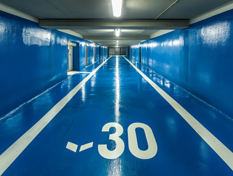 Parking souterrain avec un sol industriel bleu brillant.