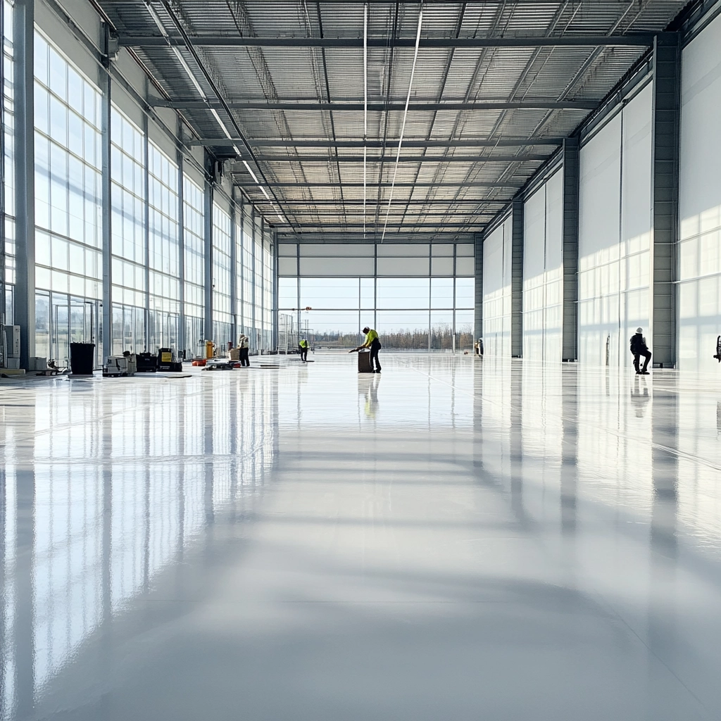 Troweled concrete on the floor of an industrial warehouse.