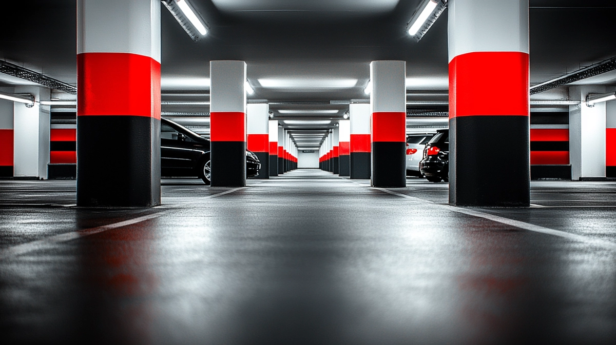 Béton taloché sur le sol d’un parking.